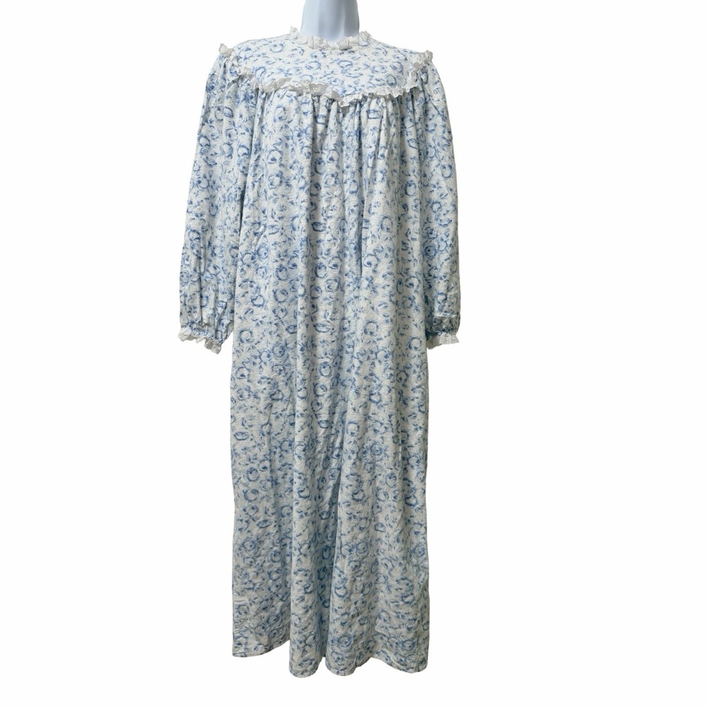 Lanz of Salzburg Floral Lace Trim Flannel Long Nightgown Size S Blue Cottagecore
